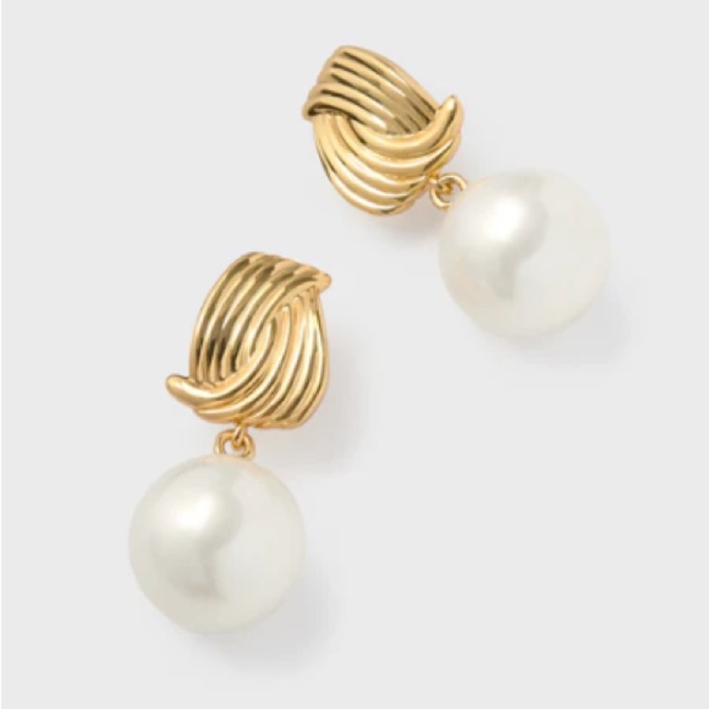 Gold and Pearl Catalina Earrings, New - Picture 2 of 5